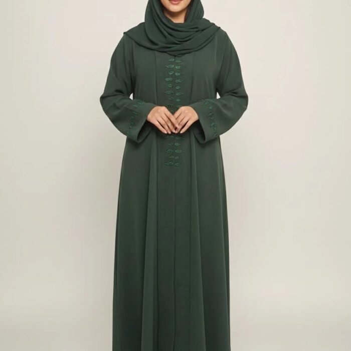 Emerald Forest Crystal Abaya | Rizqé Luxury Green Stonework Premium Modest Wrap Dress