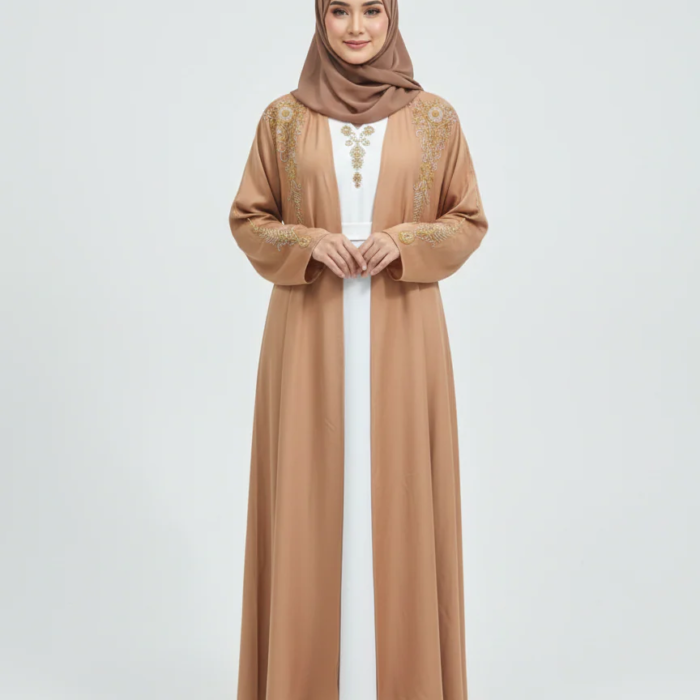Peachy Pink Embroidered Abaya | Rizqé Luxury Gold & White Floral Hand-Work Modest Open Abaya