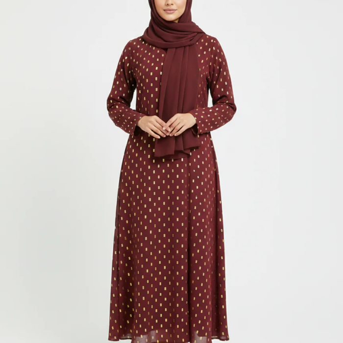 Rizqé Crimson Gilded Foil Polka Dot Maroon Modest Abaya