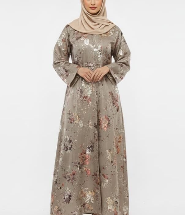 Golden Flora Beige Abaya | Rizqé Luxury Foil Print Modest Wrap with Flared Sleeves