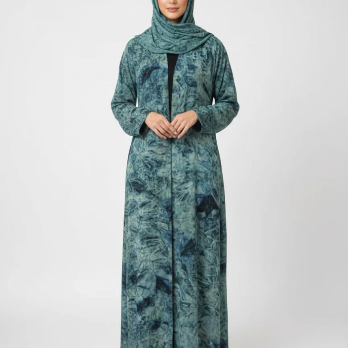 Teal & Seafoam Mineral Print Abaya | Rizqé Luxury Textured Modest Chiffon Wrap